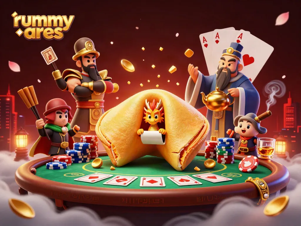 Engage in thrilling rummy gameplay with Rummy Ares showcasing a dynamic scene of winning strategies and colorful poker elements.