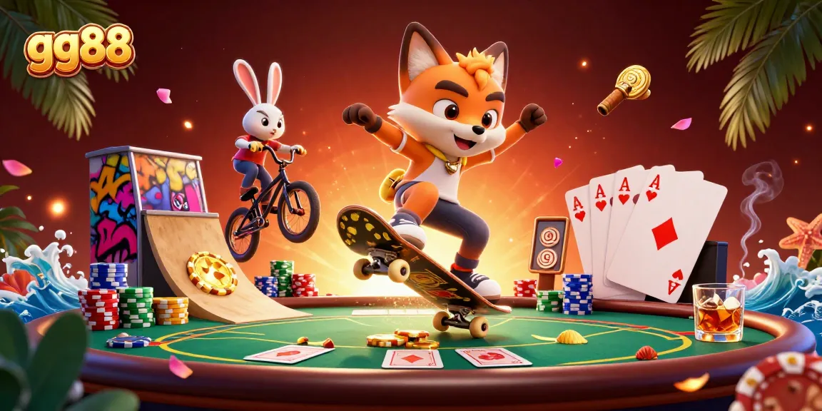 Experience exciting gameplay at gg88 featuring a vibrant scene of cartoon characters and casino symbols.