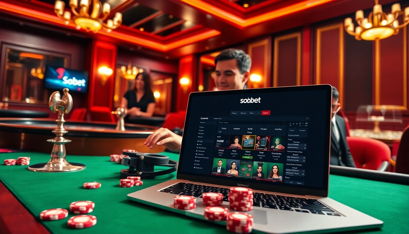Experience thrilling online gambling with the Sbobet link as players engage on a luxurious casino interface.