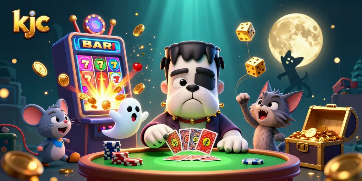 Experience thrilling gaming at KJC with a cartoon bulldog dealer and jackpot surprises in a vibrant casino scene.