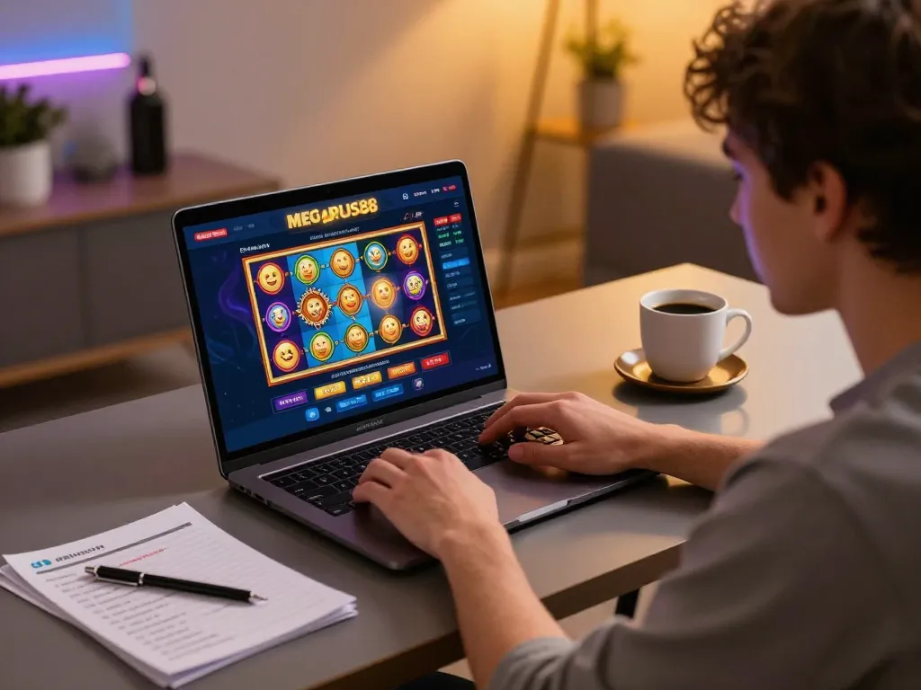 Engaging online gaming session on megaplus88, featuring a player actively wagering on vibrant slot games.