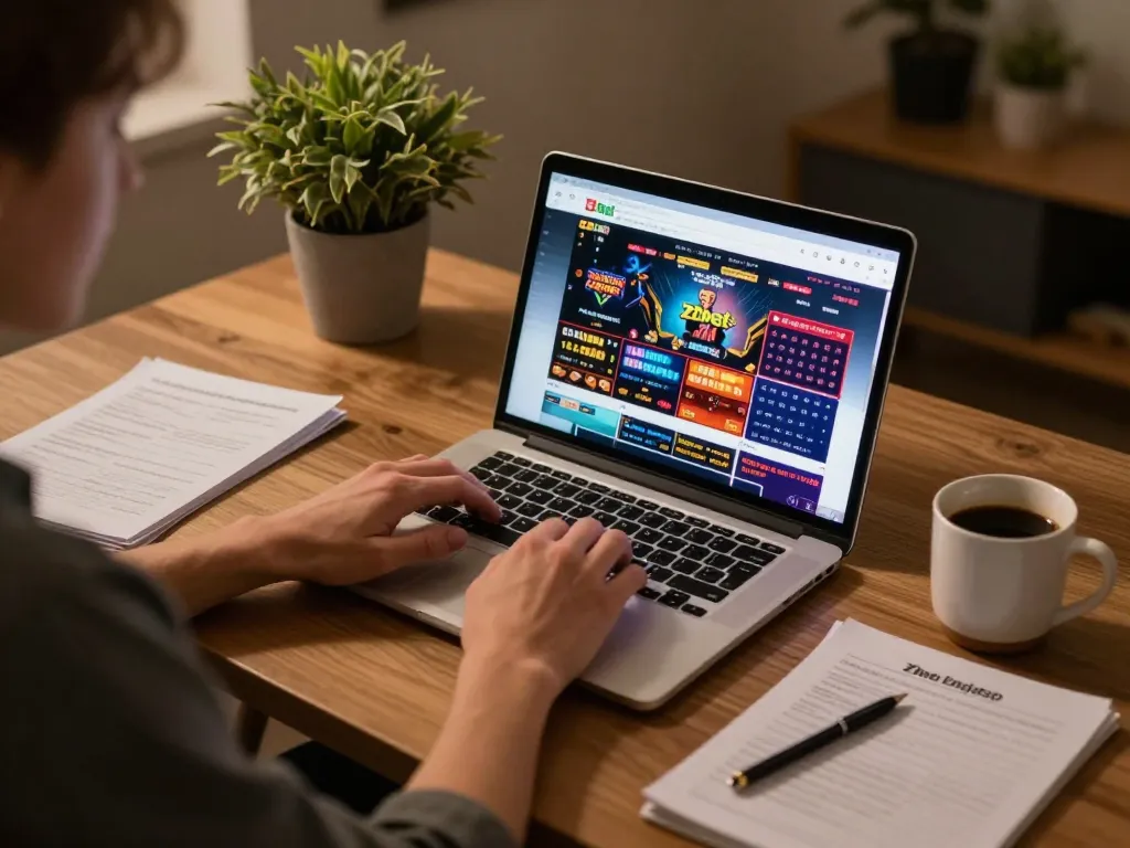 Zbet đăng nhập on laptop screen for online casino gaming in a cozy desk setup