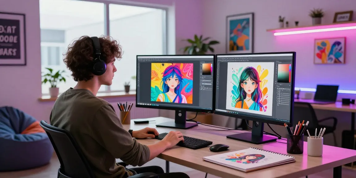 Vibrant studio scene with NSFW AI artwork and artist at workstation.