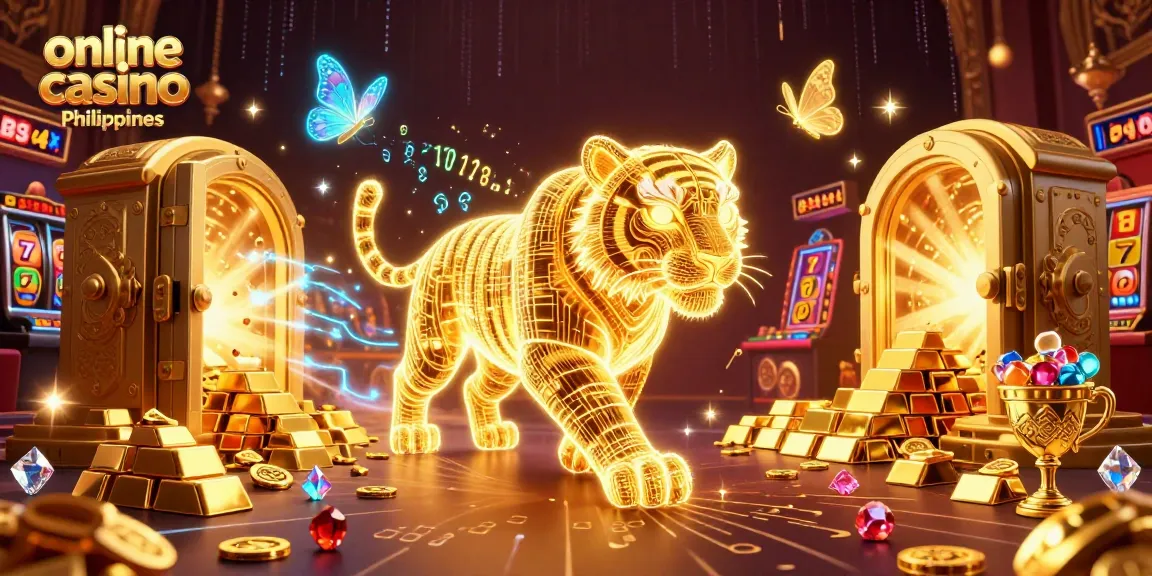 Experience the vibrant action at an online casino Philippines with a luminous golden tiger and dazzling treasure.
