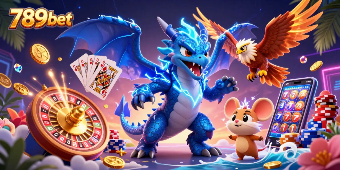 Engage with thrilling 789bet experiences as a thunder dragon, glowing hawk, and dynamic elements soar in a vibrant casino scene.