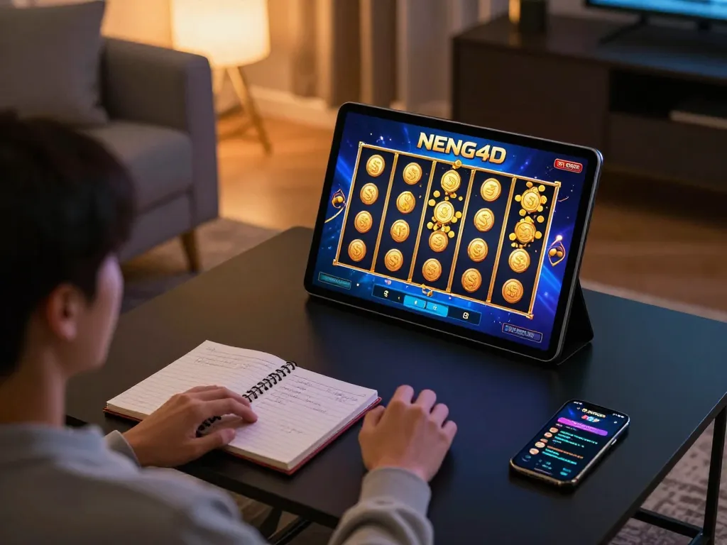 NENG4D player celebrating a win on a tablet in a cozy home environment with casino elements.