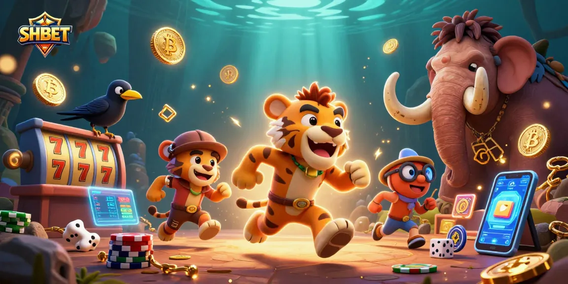 Join SHBET's vibrant casino adventure with ancient characters enjoying slots and crypto elements