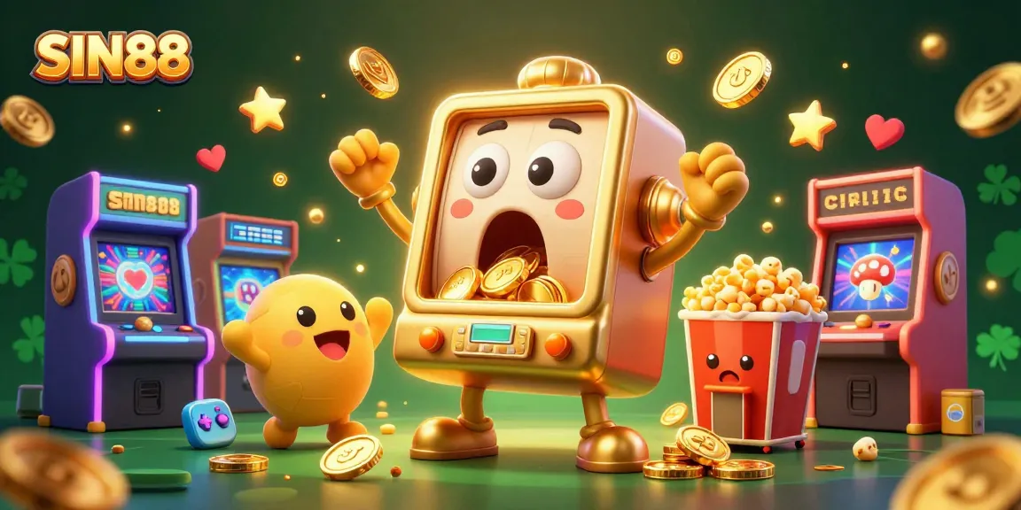 SIN88 slots machine hitting jackpot as coins pour out, celebrating with baby machines in a vibrant casino scene.