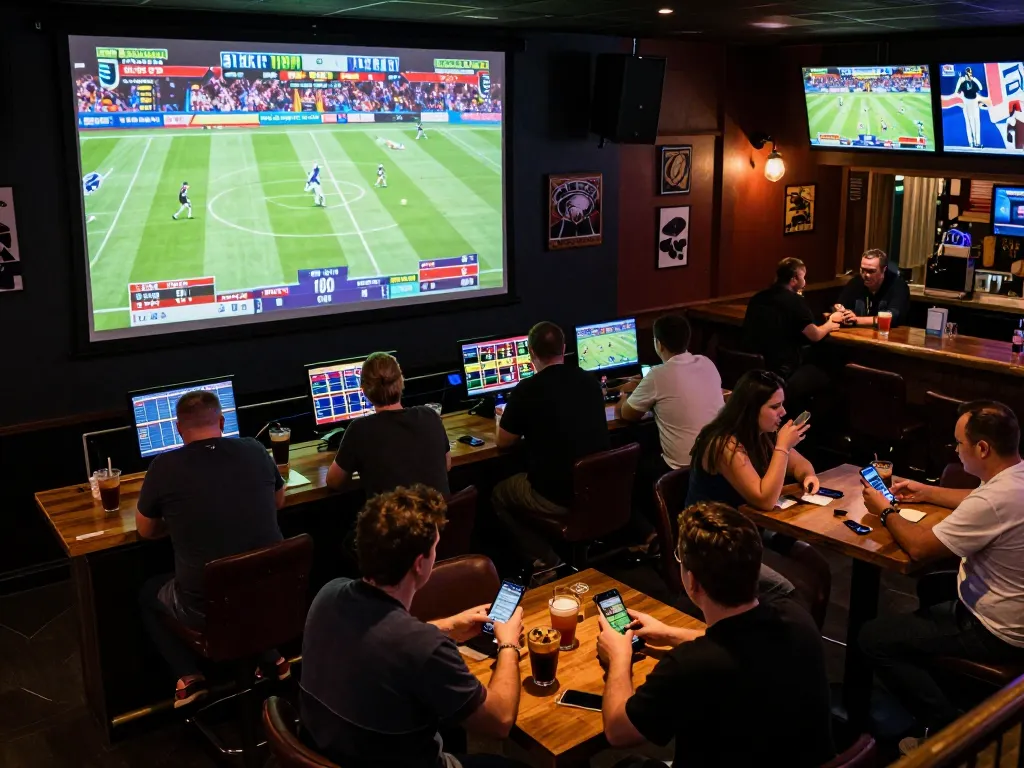 Engaged patrons placing bets through LGOGOAL mobile apps at a lively sports betting event.
