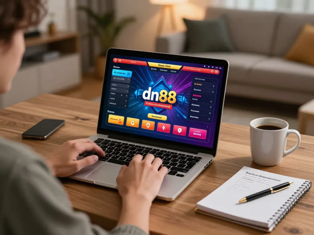 Engaging online casino gameplay on dn88 with player's focus on laptop and bankroll notes.