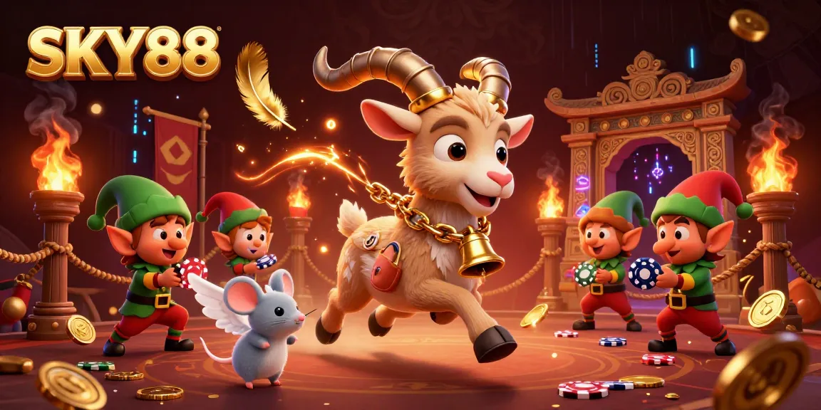 Engage with SKY88's thrilling casino action in a vibrant 3D scene filled with characters and energetic elements.