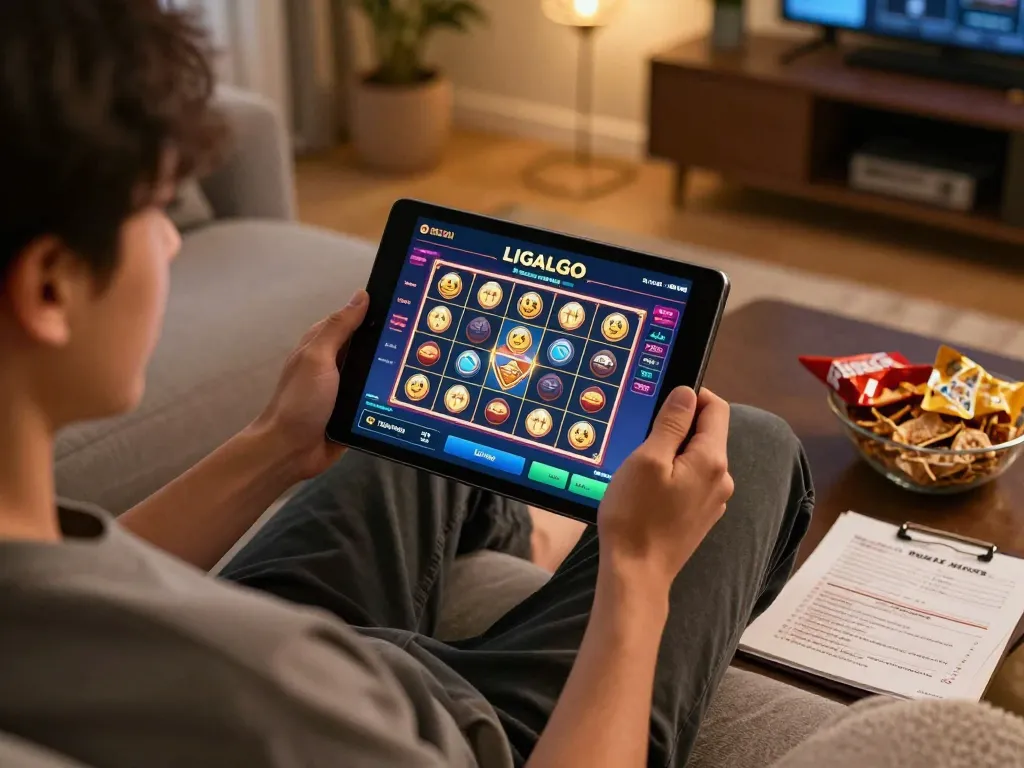 LIGALGO user enjoying an engaging slot game on a tablet in a cozy home setting.