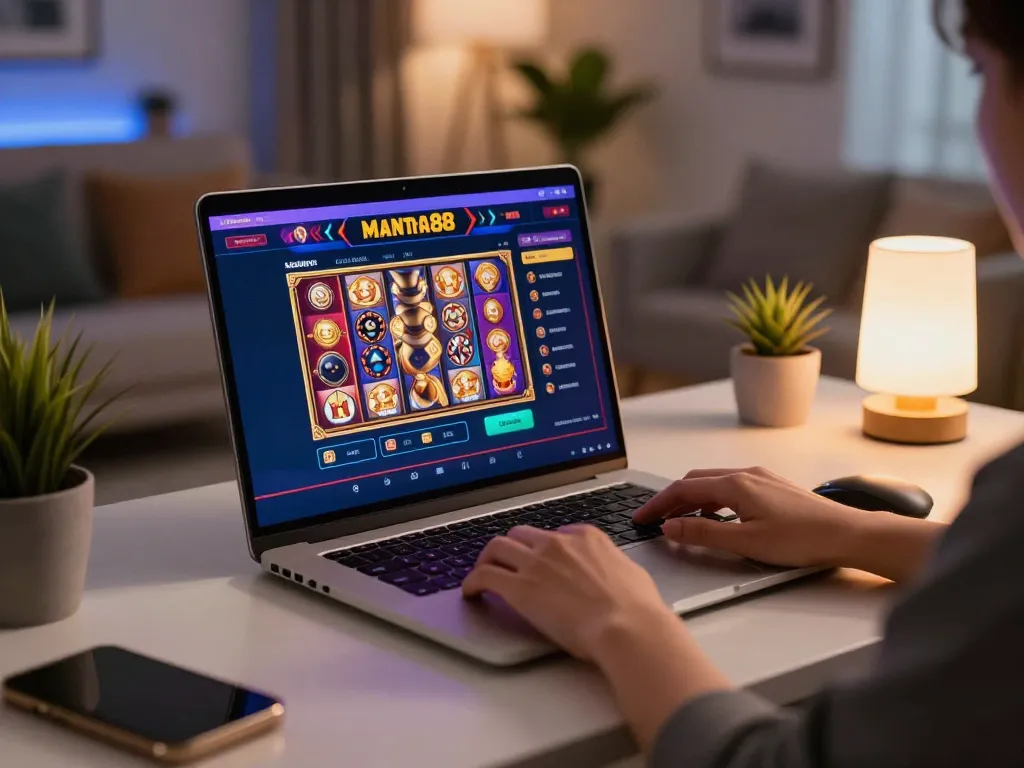 Engaging in mantra88 online gaming with vibrant casino interface displayed on a sleek laptop, modern home setup.