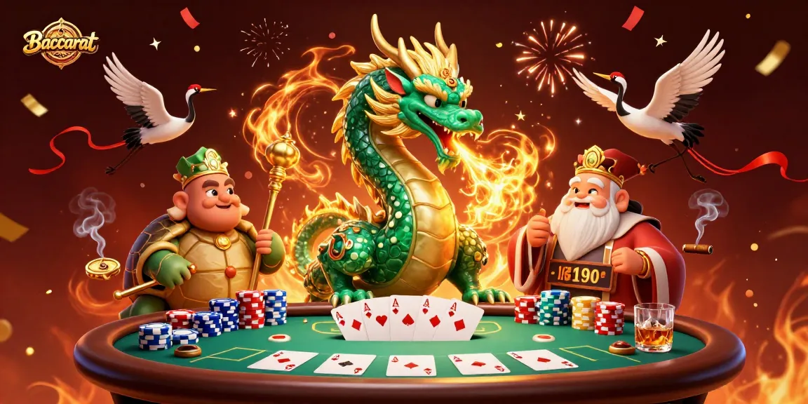 Baccarat table scene with a jade dragon and lucky cranes celebrating with casino elements.