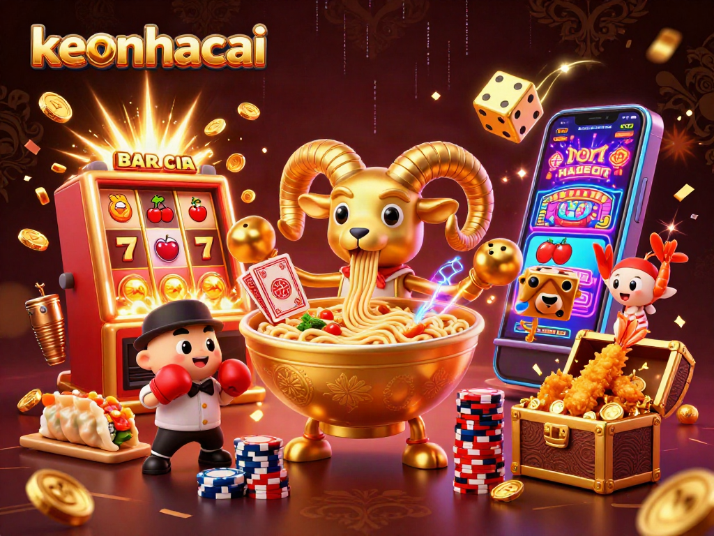 Engage with keonhacai as the golden ramen bowl deals cards amidst a vibrant casino scene.