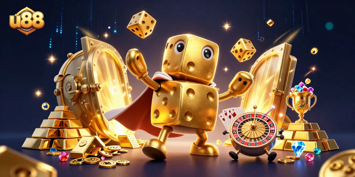 Experience excitement with u88 as golden dice and jewels create a vibrant casino world.