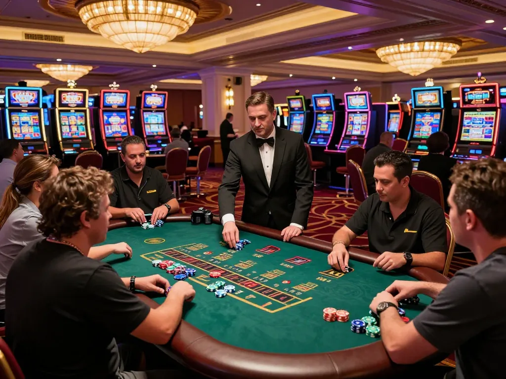 Engaging scene at 77WIN casino with players enjoying blackjack, vibrant atmosphere, and strategic gameplay.