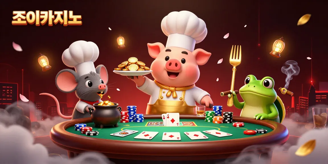 Engage with 조이카지노 in a vibrant casino scene featuring gold coins, poker elements, and dynamic characters.