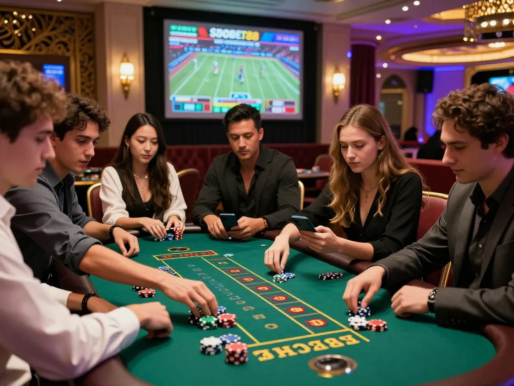 SBOBET88 gaming environment with friends placing bets at a lively casino table, showcasing excitement and camaraderie.