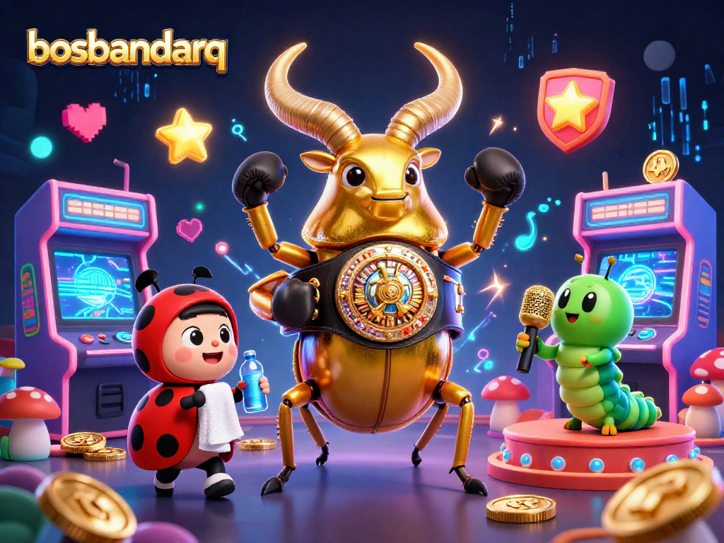 Bosbandarq showcases a vibrant 3D scene with a golden stag beetle champion facing off in a casino-themed arcade.