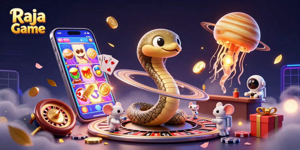 Play thrilling games on the Raja Game platform with vibrant illustrations of fun characters and engaging gambling elements.