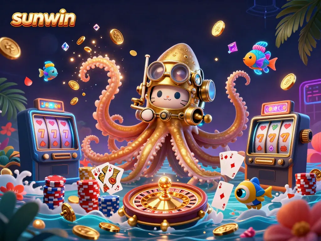 Join the fun at sunwin with a colossal kraken and a diving cat, featuring exciting casino elements.