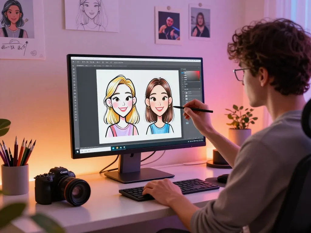 Create a caricature with a person using advanced software to create personalized digital artwork