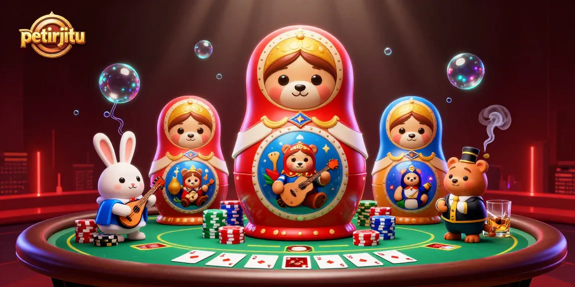Petirjitu menampilkan ilustrasi kasino 3D yang detail dengan karakter unik dan elemen permainan.