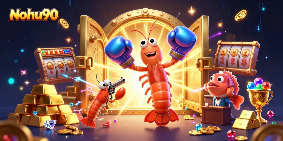 Nohu90 players celebrating jackpot wins with colorful 3D sea creatures and treasure elements in a vibrant casino scene
