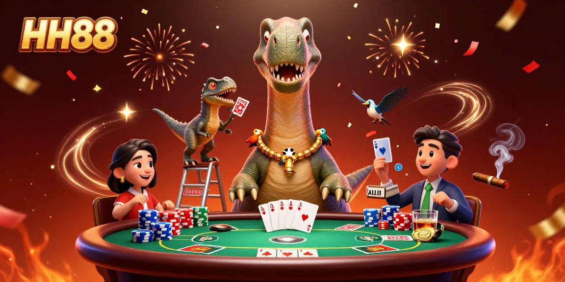 Engaging HH88 poker scene with a towering brontosaurus, colorful poker chips, and festive confetti.