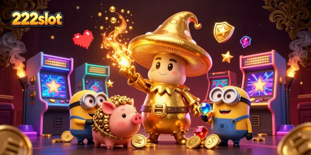Nikmati pengalaman bermain di 222slot dengan gambar ilustrasi kasino menarik yang menampilkan mesin slot dan harta karun.