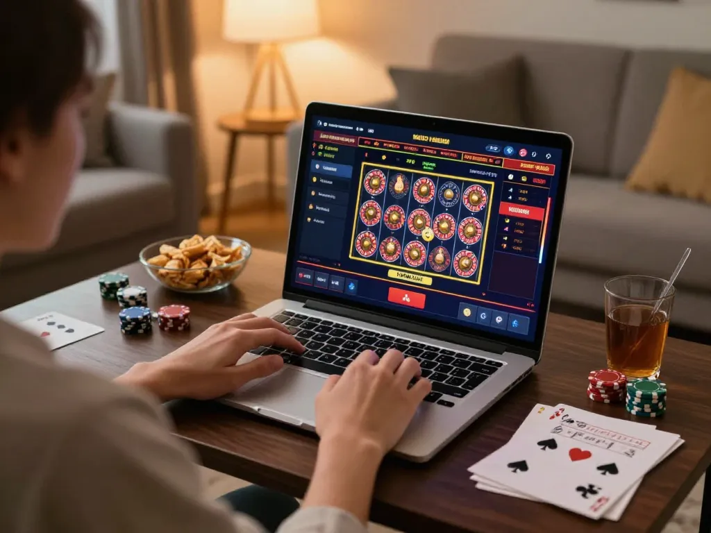 Engaging online gamer enjoying MM 99 casino game on a laptop, showcasing immersive gameplay.