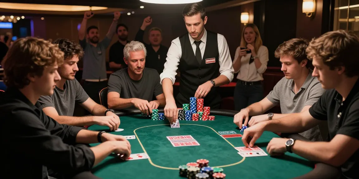Suasana permainan poker88 yang menarik di kasino dengan pemain fokus dan kerumunan.