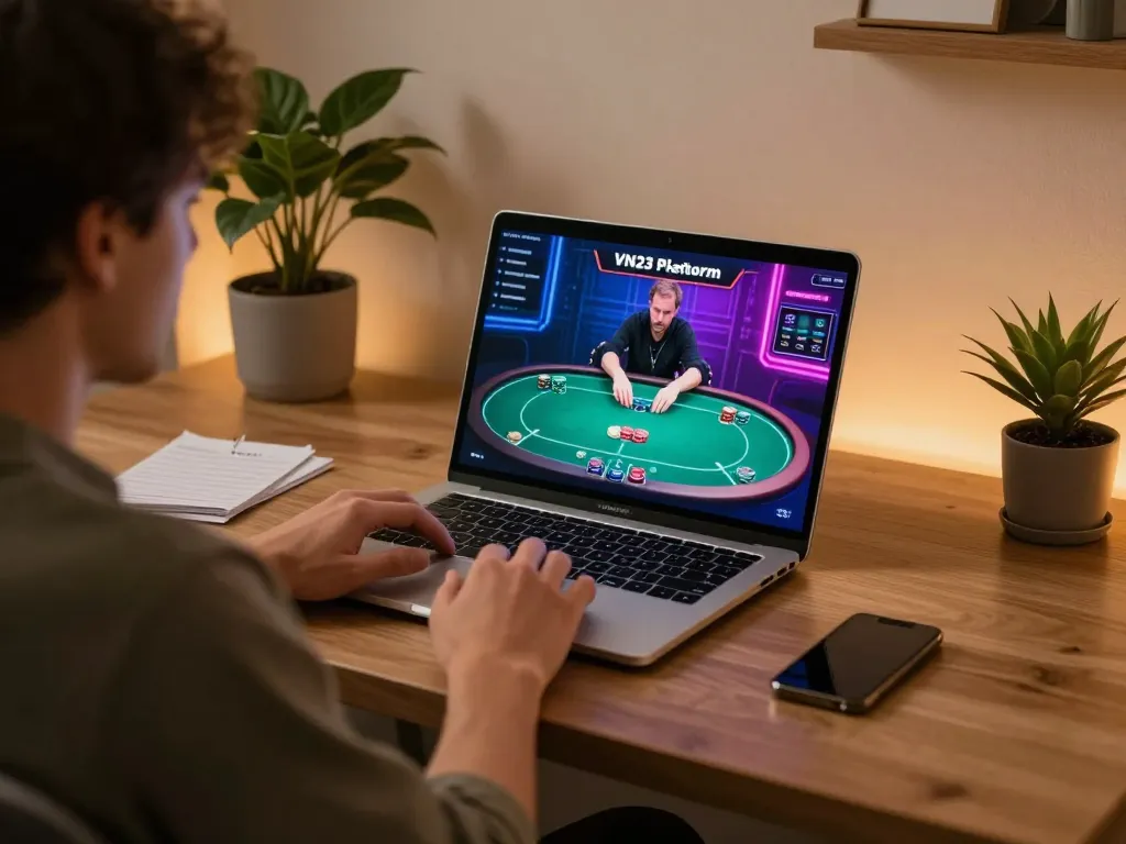 Engaging online gaming with VN23 poker interface illuminated in a stylish home office.