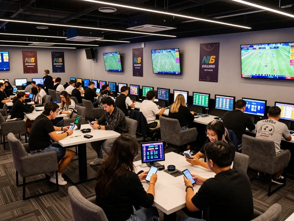 N188 players engaged in online betting activities at a modern sports lounge with vibrant atmosphere