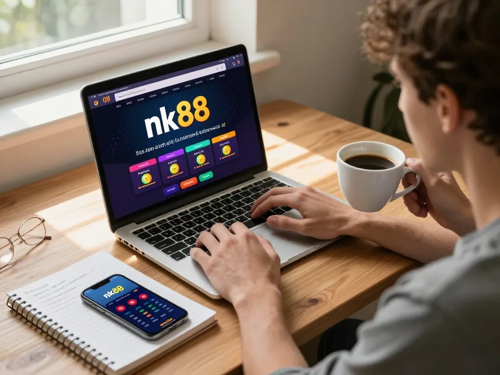 Player enjoying nk88 online casino experience at home with laptop and notebook.