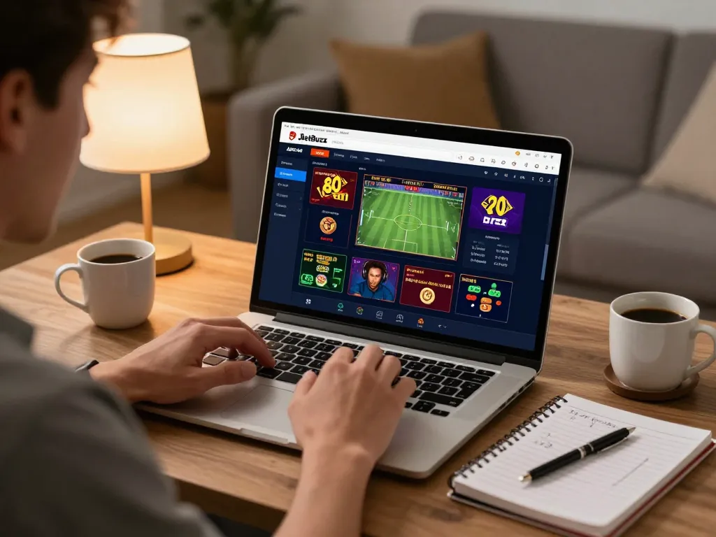 Placing bets on Jeetbuzz online platform in a cozy home setting with a laptop.