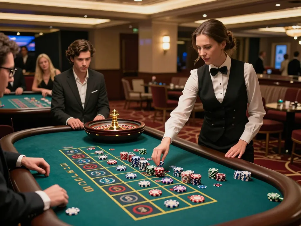 Hello88 roulette table with excited players and colorful chips during a thrilling game.
