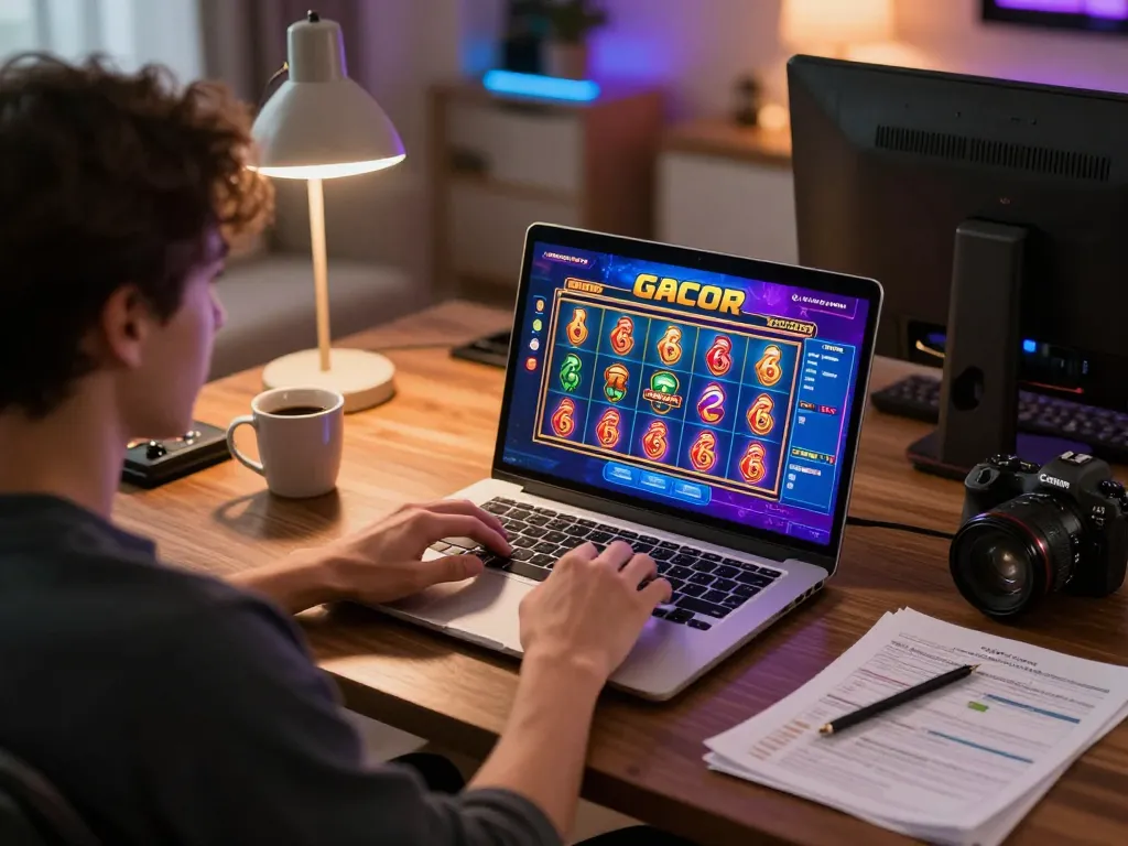Engaged player exploring slot gacor options on a laptop, showcasing online gaming in a cozy home setting.