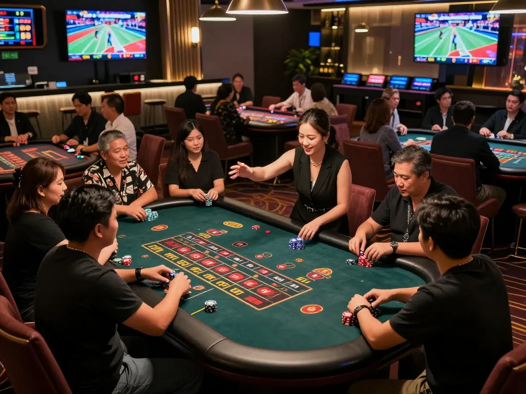 Pemain yang terlibat di casino live Malaysia memasang taruhan semasa permainan rolet yang mendebarkan