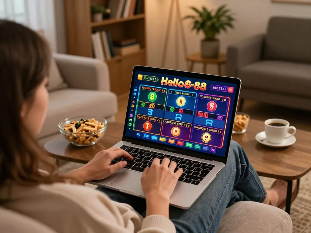 Hello88 player engaging in online gambling with a cozy home setup, showcasing excitement in a comfortable environment.