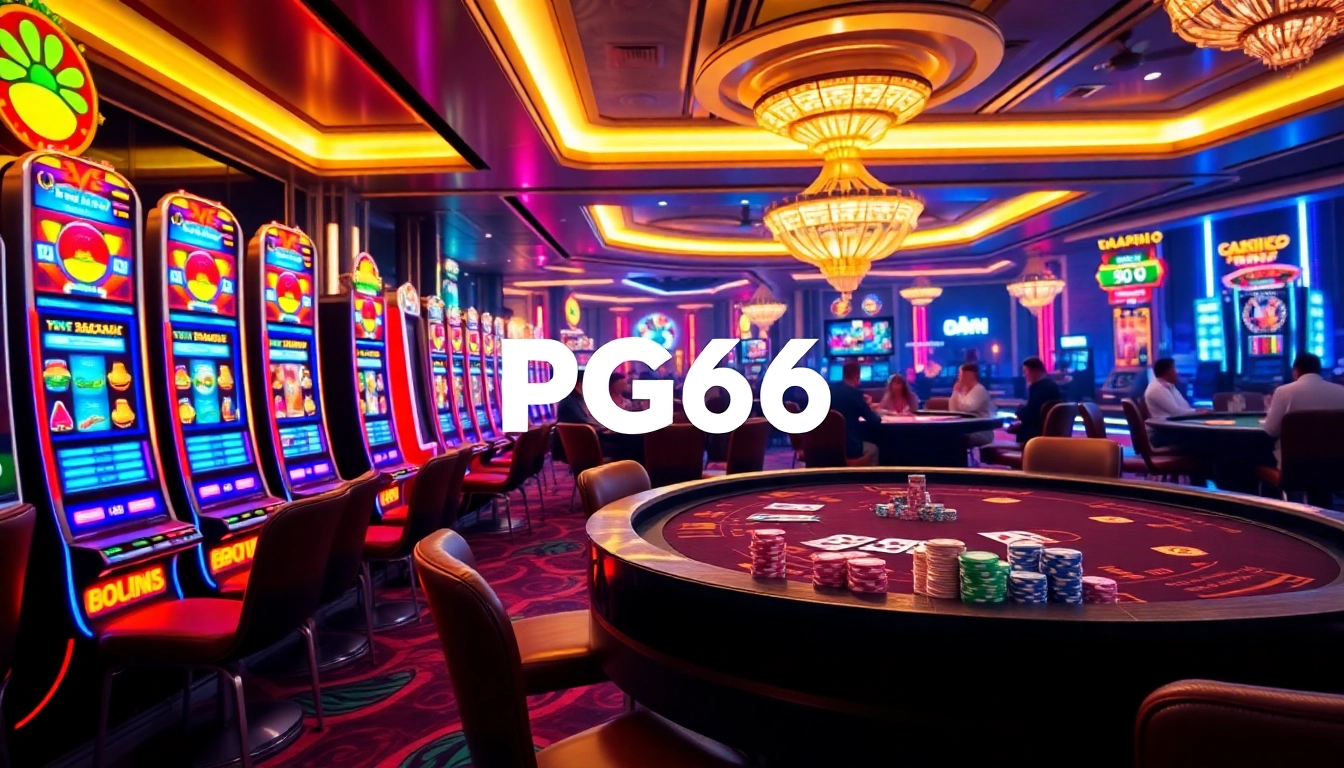 Players enjoying a thrilling game at PG66 online casino with vibrant slot machines and poker tables.