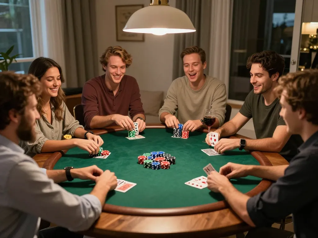 Engaged friends playing poker at home highlighting the open88 com gaming spirit and camaraderie