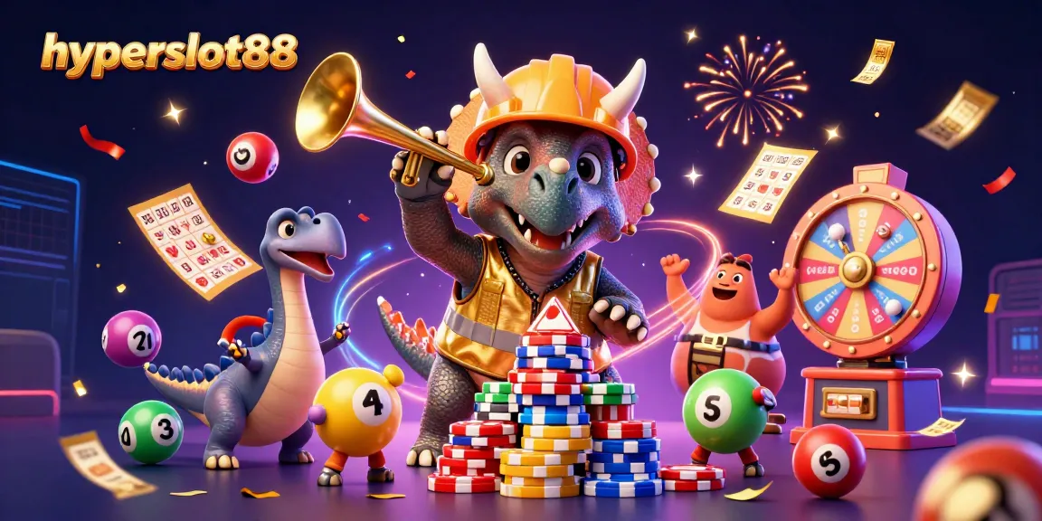Experience thrilling wins at hyperslot88 with a vibrant, celebratory gaming scene featuring dynamic characters and casino elements.