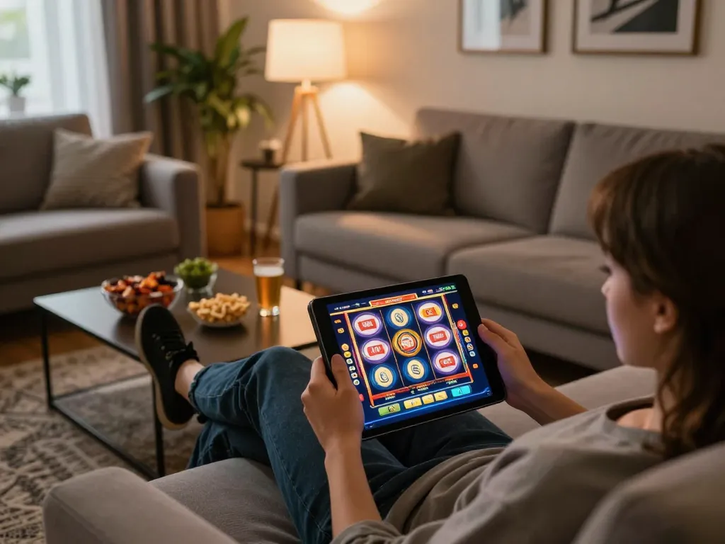 Engaging in online slots at home with pfly88, showing a vibrant interface and cozy setup.