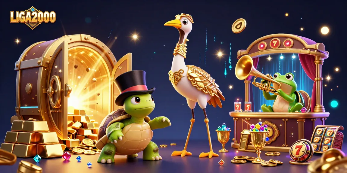 Rasakan kegembiraan LIGA2000 dengan adegan kasino 3D dinamis yang menampilkan karakter lucu dan elemen slot.