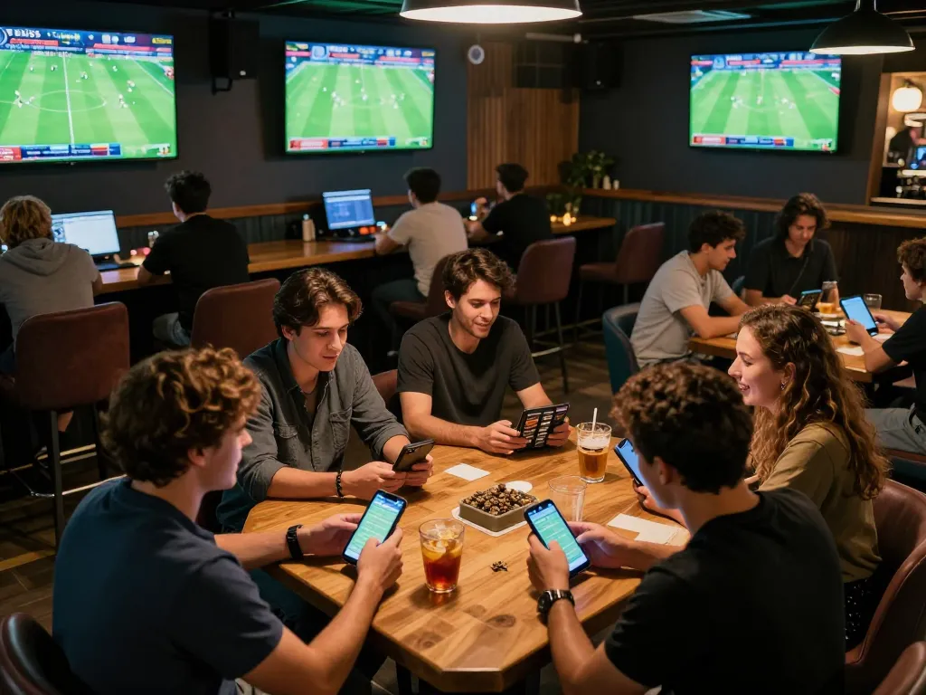 Sahabat terlibat dalam taruhan olahraga yang mendebarkan dengan aplikasi SPBO 1 di smartphone di bar yang ramai