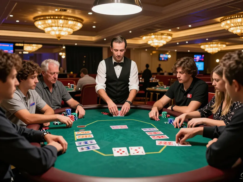 Boutiq Switch users engaged in a thrilling poker game at a vibrant casino, focusing on strategy and competition.