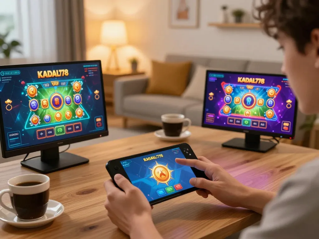KADAL778 players eager to win while gaming on mobile devices in a vibrant home setup.