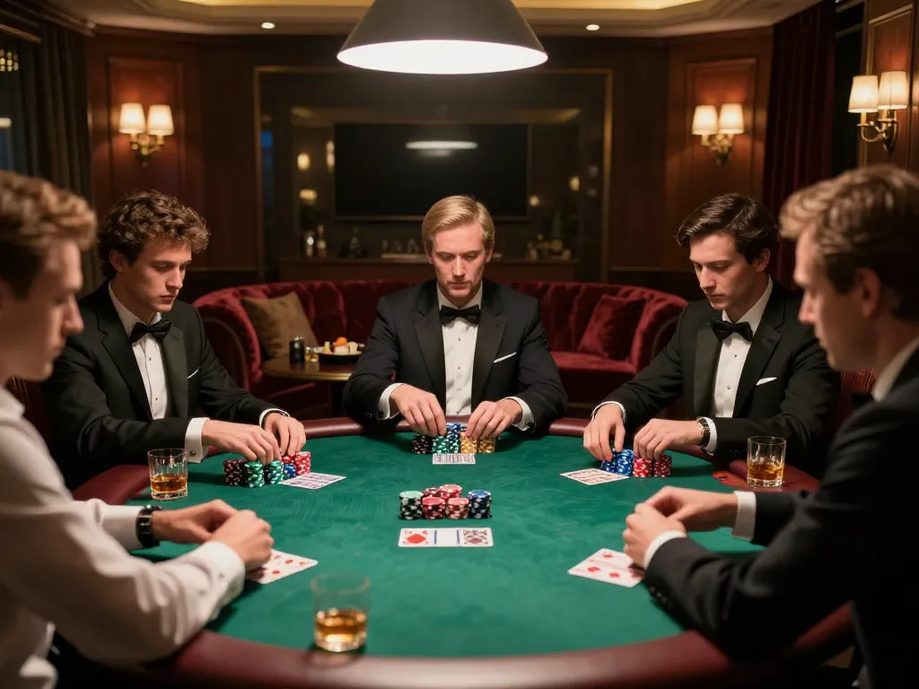 Poker players engage in strategic gameplay, focusing on mpoid strategies as they analyze cards and chips in an upscale gaming room.